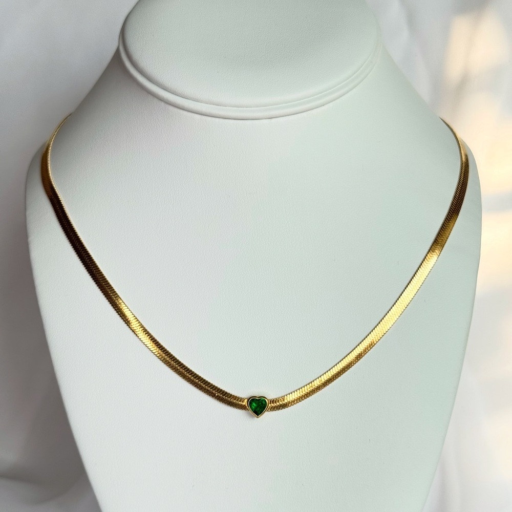 Gold Necklace with Green Heart Pendant